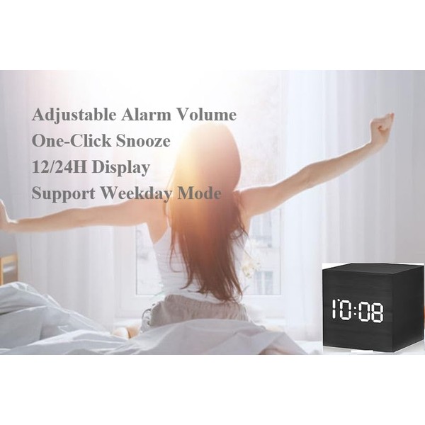 JALL Digital Alarm Clock, 12/24H Time Display, 3 Alarm Settings, Adjustable Volume, Snooze, Sound Control, 2.5-inch Cubic Small Wood Made Electric Clocks for Bedroom, Bedside, Desk (Dark Wood)