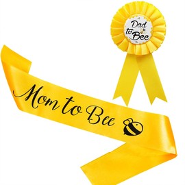 AIMALL Mom to Bee Suit Set | Yellow Bee Theme Baby Shower Kit | Includes Mom to Bee Sash & Dad to Be Badge | Shoulder Strap & Badge for New Parents