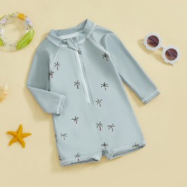 Afunbaby Baby Swimsuit Boy Girl Zipper Rash Guard Bathing Suit Toddler Infant Boy Girl One Piece Swimwear Beach Clothes (Grey coconut tree,18-24 Months)