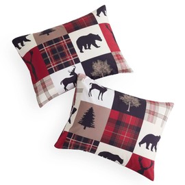 Wake In Cloud - Rustic Pillow Cases, Cabin Lodge Christmas Bear Moose Deer Woodland Western Country, Set of 2 Soft Pillowcases Pillow Shams Covers, Burgundy Black, Standard Size 20x26 Inches