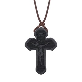 COTTVOTT Wood Orthodox Cross Pendant Necklace Christian Crucifix Necklace Prayer Jesus for Women Men (A-Black Color)