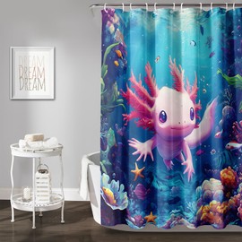 AILONEN Cartoon Axolotl Shower Curtain 60" W x 72" H,Cute Underwater World Sea Animal Waterproof Curtain for Boys Girls,Colorful Ocean Themed Axolotl Bathroom Decor + Plastic Hooks