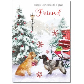 doodlecards Friend Christmas Card Two Dogs in Snow Medium Size Christmas Card for Friend with Plain Envelope