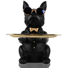QIANLING Decoración Moderna Bandeja Bulldog de Resina Bandeja de Almacenamiento Porta Llaves Joyas Caramelos Pendientes Bandeja Moderno de Mesa de Comedor Oficina Bandeja de Objetos Pequeños (Negro)