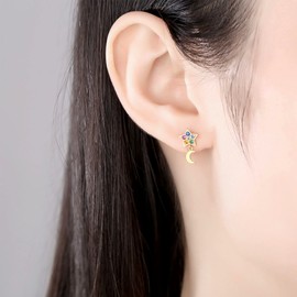 14k Gold Plated Sterling Silver Asymmetric Dainty Moon and Star Stud Earrings with Multi Color Cubic Zirconia Fashion Jewelry for Teen Girls & Women (Moon&Star)