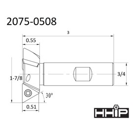 HHIP 2075-0508 60 Degree Indexable Dovetail Cutter, 3 Flute, 1-7/8" Cutting Diameter, 3/4" Shank, 2.95" OAL, 1-7/8" Cutting Diameter