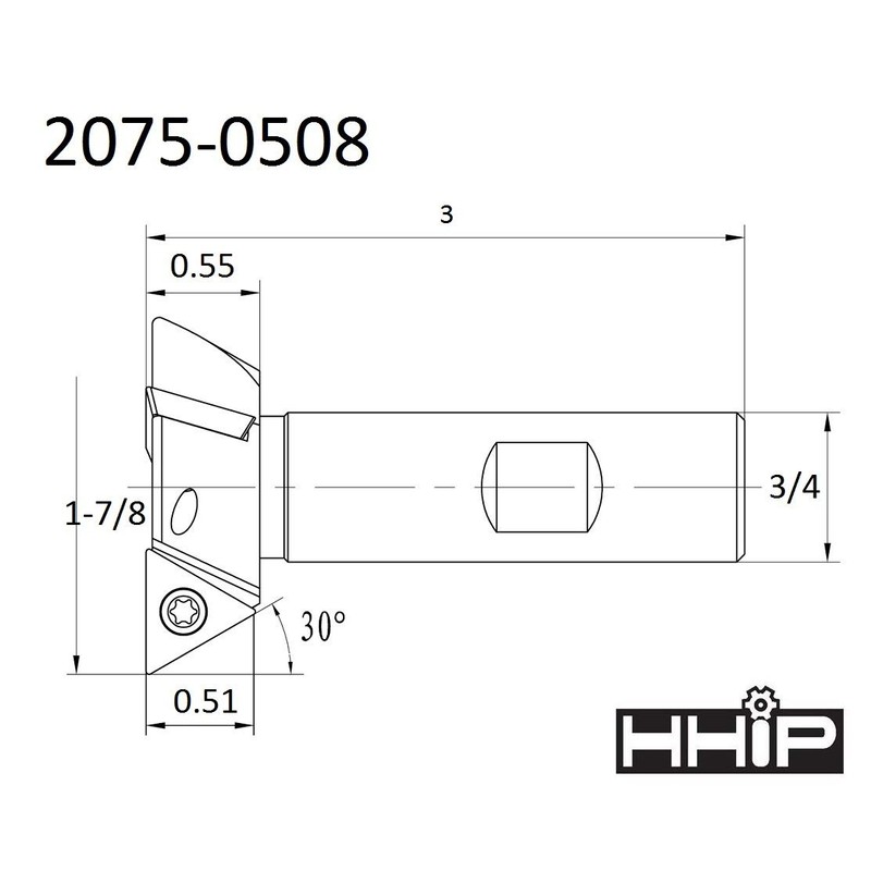 HHIP 2075-0508 60 Degree Indexable Dovetail Cutter, 3 Flute, 1-7/8"