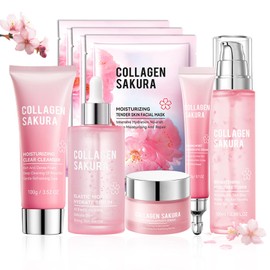 8PCS Sakura Skin Care Set with Cleanser,Serum,Toner,Face Cream,Eye Cream and Facial Sheet Masks,Hydrating Travel Size Skincare Gift Set,Moisturizing Facial Kit for Women