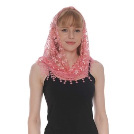 Triangle Lace Mantilla Veil Floral Covering Church Veil for Mass Wedding Bridesmaids (Pink)