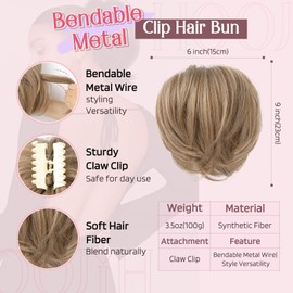 HOOJIH Ponytail Extension, Claw Clip in Straight Hair Bun Messy Bun 9 Inch Short Ponytail with Bendable Metal Wire Hair Pieces for Women Fake Hair Bun DIY Styles - Deep Blonde and Light Blonde mixed