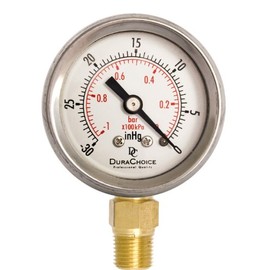 1-1/2" Oil Filled Vacuum Pressure Gauge - Stainless Steel Case, Brass, 1/8" NPT, Lower Mount Connection, 30HG/0PSI