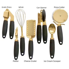 White & Gold Kitchen Tools and Gadgets - Luxe 7PC Cooking Tools and Gadgets with Anti-Slip Handles, Utensils Set, Gold Kitchen Accessories,Premium Kitchen Gadget Set (Champagne gold & black)