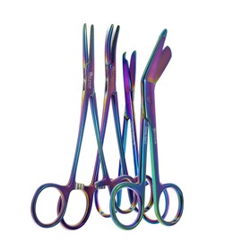 Set of 4 Bandage Scissors 5.5", Stitch Scissors 4.5" and Hemostat 5.5" Straight Curved Made of Premium Quality Stainless Steel (Rainbow)