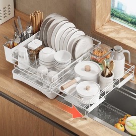 Fitzkor Dish Drying Rack Expandable Dish drainers for Kitchen Counter,Over The Sink Dish Drainer Drying Rack,Rustproof Dish Drainer with Utensil Holder and Drainboard (White)
