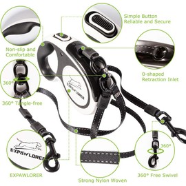 EXPAWLORER - Correa para perro doble retráctil – doble cabeza extensible con cierre de doble cabeza – Cinta de nailon reflectante de 16 pies – 360 ° última intervensión de enredos para dos perros caminando entrenamientos, hasta 160 libras en total, 80 lib