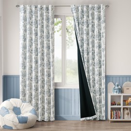 jinchan 100% Blackout Floral Curtains 84 Inches Long, Easter Bunny Farmhouse Toile Curtains Blue Animal Printed Curtains for Bedroom Rod Pocket Thermal Insulated Nursery Window Drapes 2 Panels
