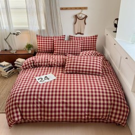 PinkMemory Red Gingham Duvet Cover Set Queen 100% Washed Cotton Beige Plaid Checkered Duvet Cover Full 3pcs Modern Grid Gingham Bedding Set with Zipper Closure Ultra Soft Breathable