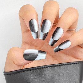 Sethexy Colour Gradient Nails Press Chess Board Handmade Long Coffin False Nails Acrylic Black and White False Nails for Women and Girls 20 Pieces (R)