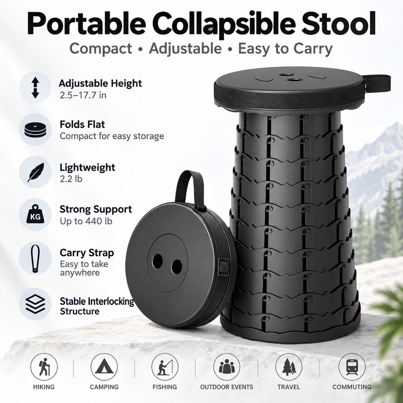 Collapsible Camping Stool for Hiking & Commuting – Adjustable Height