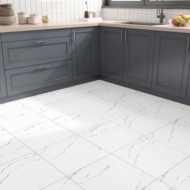 FunStick 15 Pcs White Marble Peel and Stick Floor Tiles - Waterproof 12x12 in Vinyl Flooring for Bathroom and Kitchen