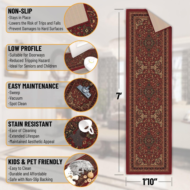 Ottomanson Hallway Runner Rug 1'10" x 7' Non Slip Oriental