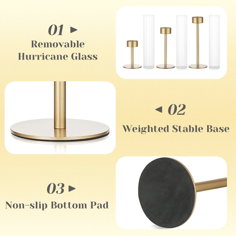 Hewory Gold Hurricane Candle Holders: Brass Candlestick Holders Set of
