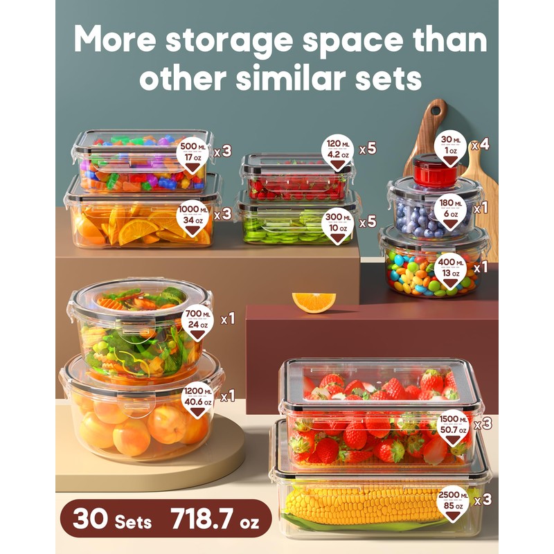 60 PCS Food Storage Containers with Lids Airtight, Total 718oz