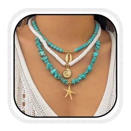 Zoestar Boho Turquoise Necklace Gold Layered Starfish Pendant Necklaces Beaded Seashell Beach Necklace Chain for Women
