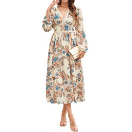 Women's Spring Wrap Maxi Dress Floral V Neck Long Sleeve Wedding Guest Party Casual Chiffon Dress Beige L