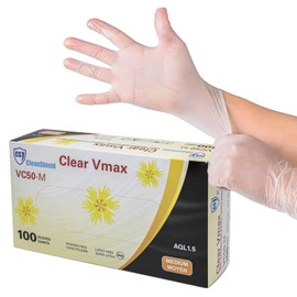 Disposable Vinyl Gloves, Medium, 5 MIL, Clear Vinyl, Food, Cleaning, Kitchen, Daycare Latex Free, Cleanshield Vmax VC50-M (100 Gloves)