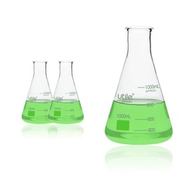 Utile Utile Glass Erlenmeyer Flask Set, 1000ml Narrow Mouth Erlenmeyer Flasks, 2pcs of Borosilicate 3.3 Glass Conical Flasks for Laboratory with Printed Graduation, 4016.1000.2