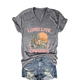 OUMASK Women Long Live Cowgirl Shirt V-Neck Cactus Graphic Tees Summer Vacation T-Shirt Tops
