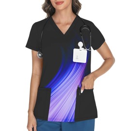 LOMON Scrubs for Women V Neck Galaxy Scrub Tops Soft Knit Printed Scrub Shirts Blue Aurora L