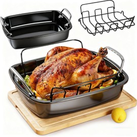 Large Nonstick Roasting Pan with Rack (17x13 Inch) -Turkey Roasting Pan with Wider Handles, Heavy Duty Construction Roaster - Easy Clean for Oven