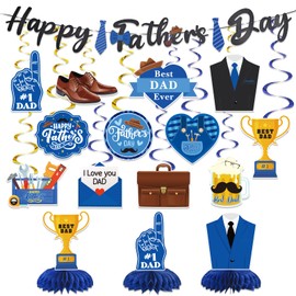 Father's Day Party Decorations Supplies, Happy Fathers Day Decorations Include Happy Father’s Day Banner, 12Pcs Hanging Swirls, 3Pcs Honeycomb Centerpiece, Fathers Day Decoration for Party, NO DIY