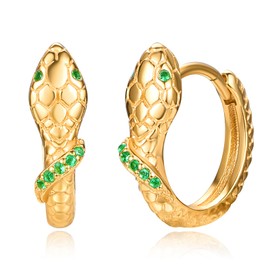 KINGWHYTE Snake Hoop Earrings 925 Sterling Silver Emerald Eye Cartilage Earrings 24K Gold Plated Sleeper Round Huggie 14mm Hoops Earrings Snake Jewelry Gifts for Women Men