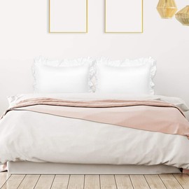 sourcing map Luxury Satin Oxford Pillowcases, Pair of 2 White Ruffled Pillow Shams 20 x 30 inch with Envelope Closure, Queen Size Pillow Cases Covers