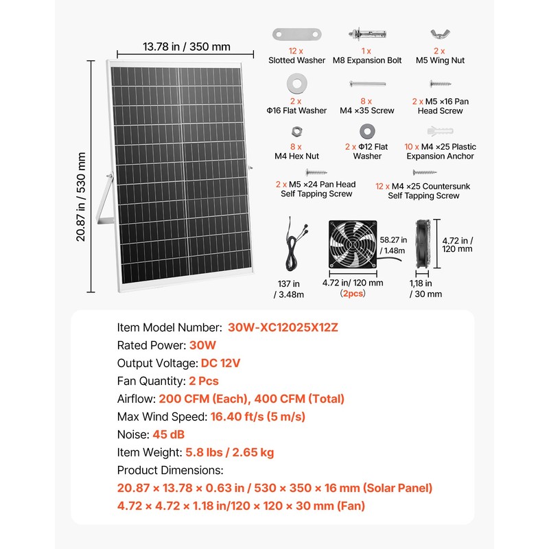 VEVOR Solar Powered Fan, 30W Solar Panel with 2 Fans,