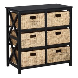 eHemco 3 Tier X-Side End Storage Cabinet with 6 Wicker Baskets, Black