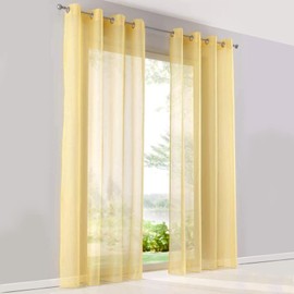 SIMPVALE Curtain Curtains with Eyelets, Polyester Voile Tab-Top Curtain Transparent for Living Room, Balcony, Bedroom, Kitchen, Width 140 cm, Height 225 cm, Yellow Curtain Set of 2