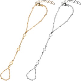 Aswewamt 2Pcs Hand Chain Bracelet, Gold Finger Bracelet Silver Hand Chain Stylish Slave Hand Link Chain for Women (Rhinestone)