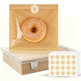 250 Pack Cookie Bags with Seal, 7.1 x 7.5 Inch Kraft Paper Bakery Bags with Window, Storage Box Included, Self Sealing & Grease Resistant Cookie Packaging for Donuts,Brownies,Scones & Muffins