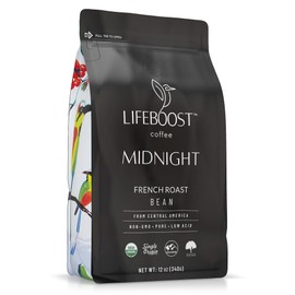 Lifeboost Midnight French Roast Coffee Beans - Single Origin Non-GMO USDA Organic Low Acid French Roast Coffee - Third Party Tested For Mycotoxins & Pesticides - 12 Ounces
