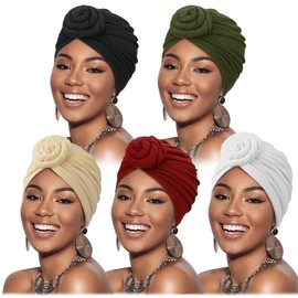 DRESHOW 5 Pieces African Turban for Women Soft Pre-Tied Knot Fashion Pleated Turban Hat Head Wrap Sleep Cap, 5 pack 9-w36