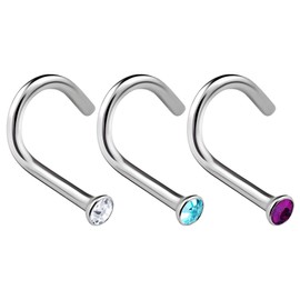KJM FASHION 3 Pack 316L Stainless Steel Nose Screw 18 Gauge 7mm with Clear Aquamarine Crystal, Stainless Steel, Stainless Steel, Stainless Steel