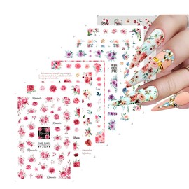 8 Sheets Flower Nail Stickers Spring Nail Art Decals 3D Self-Adhesive Pink Colorful Blossom Floral Leaf Nail Designs Nail Stickers for Women Girls Kids DIY Nail Decoration Nail Supplies Accessories