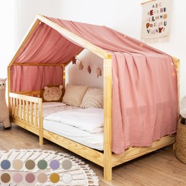 lilimaus House Bed Canopy, Made of 100% Cotton Muslin, Handmade, Fabric Bed Decoration, Girls and Boys, Children, Bed Curtain for Children's Bed, Pink