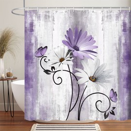 VeiVian Rustic Farmhouse Shower Curtain, Farm Purple Daisy Floral Flowers and Butterfly on Country Wooden Shower Curtain for Bathroom, Violet Grey Bathroom Shower Curtains with 12PCS Hooks, 60X70IN