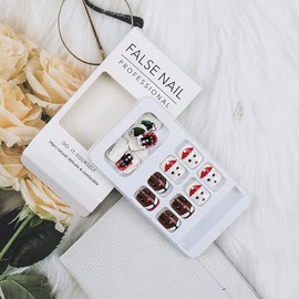 Christmas Press on Nails Short Square Fake Nails Cute Cartoon Elk Santa Claus Hat Christmas Design Acrylic False Nails Full Cover Stick on Nails with Glue for Women and Girls Artificial Nails 24Pcs