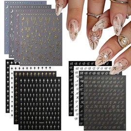 12 Sheets Nail Art Stickers Star Nail Decals 3D Self-Adhesive Letters Moon Sun Star Nail Stickers Gold Silver Black Pink Nail Art Design Supplies Decorations for Women